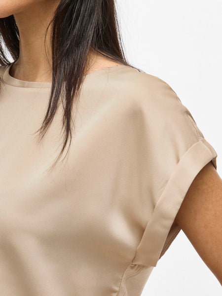 VILA Short Sleeve Satin Look Top in Beige