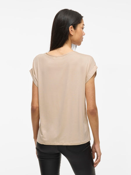 VILA Short Sleeve Satin Look Top in Beige