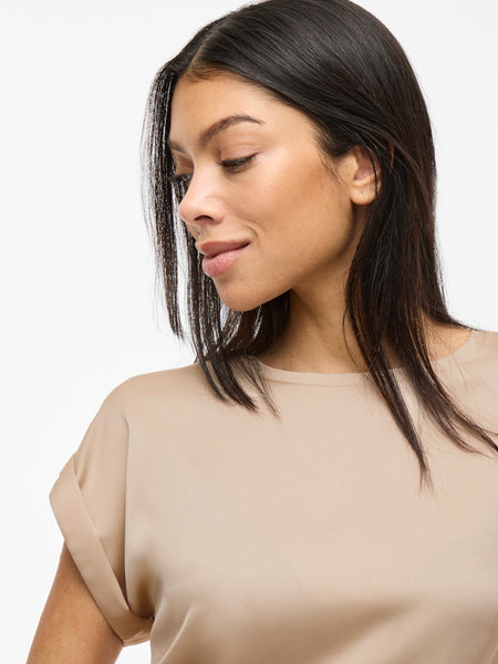 VILA Short Sleeve Satin Look Top in Beige