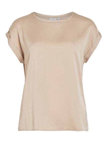 VILA Short Sleeve Satin Look Top in Beige
