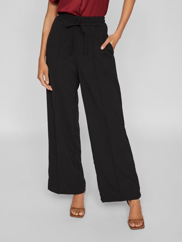 VILA Wide Leg Drawstring Trousers in Black