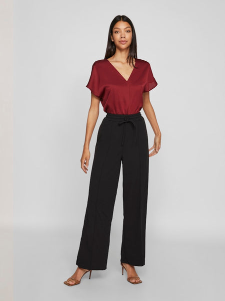 VILA Wide Leg Drawstring Trousers in Black