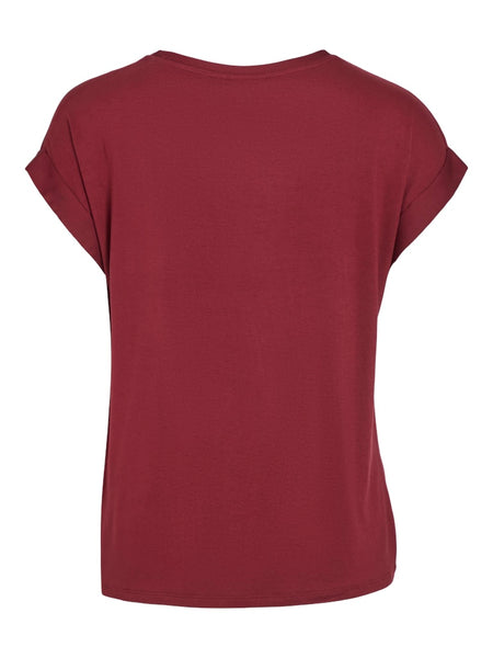 VILA Short Sleeve Satin Look Top in Maroon