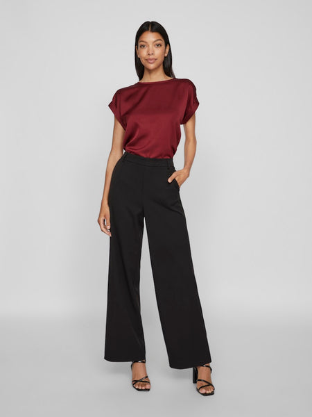 VILA Short Sleeve Satin Look Top in Maroon