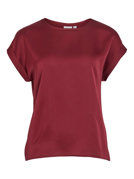 VILA Short Sleeve Satin Look Top in Maroon