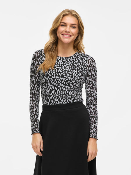 VILA Patterned Long Sleeve O-Neck Top in Black