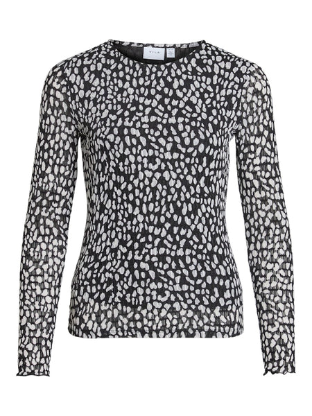 VILA Patterned Long Sleeve O-Neck Top in Black