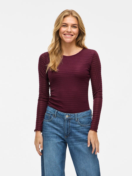 VILA Long Sleeve O-Neck Top in Burgundy