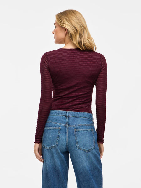 VILA Long Sleeve O-Neck Top in Burgundy