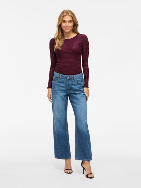 VILA Long Sleeve O-Neck Top in Burgundy