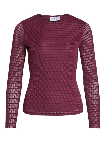 VILA Long Sleeve O-Neck Top in Burgundy