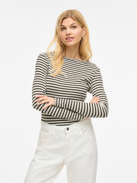 VILA Striped Long Sleeve Ribbed Top in Cream
