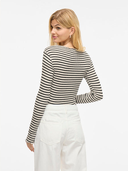VILA Striped Long Sleeve Ribbed Top in Cream