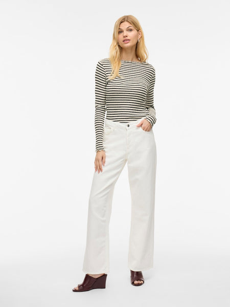 VILA Striped Long Sleeve Ribbed Top in Cream