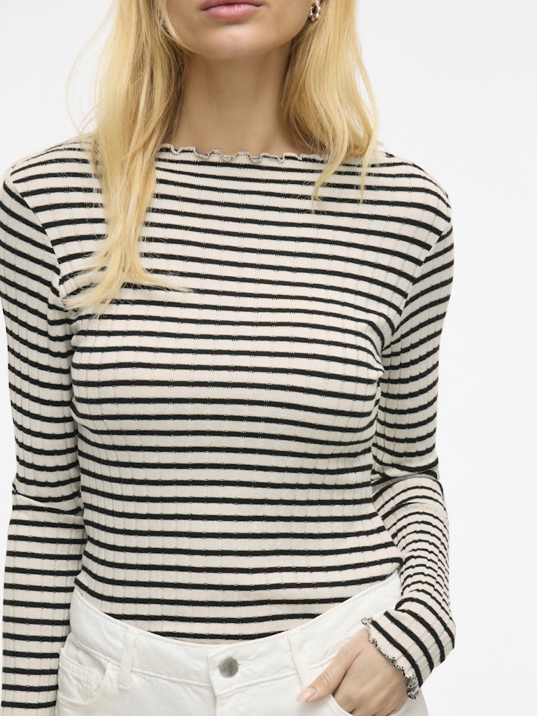 VILA Striped Long Sleeve Ribbed Top in Cream