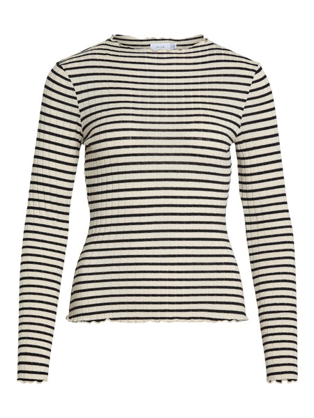VILA Striped Long Sleeve Ribbed Top in Cream