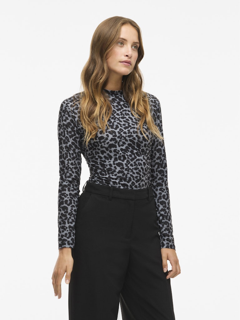 VILA Leopard Print Long Sleeve High Neck Top in Grey
