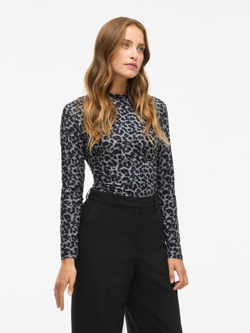 VILA Leopard Print Long Sleeve High Neck Top in Grey