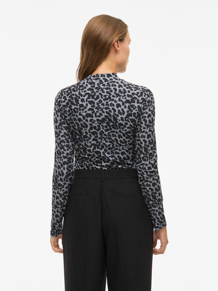 VILA Leopard Print Long Sleeve High Neck Top in Grey