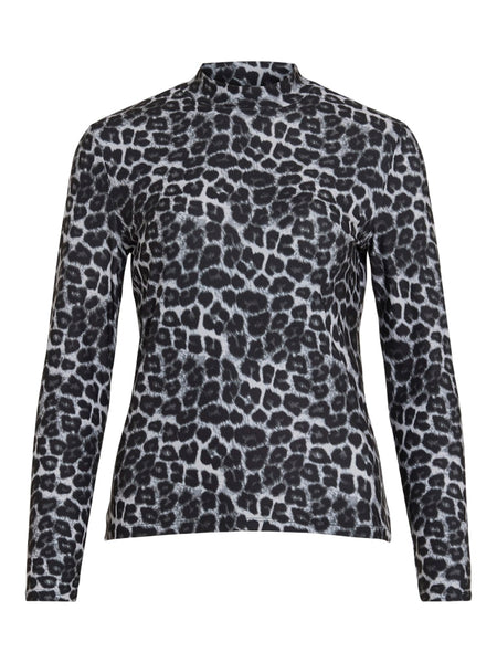 VILA Leopard Print Long Sleeve High Neck Top in Grey