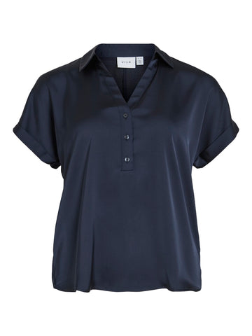 VILA Short Sleeve Satin Look Blouse in Navy