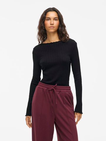 VILA Long Sleeve Ribbed Top in Black