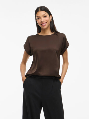 VILA Short Sleeve Satin Look Top in Brown
