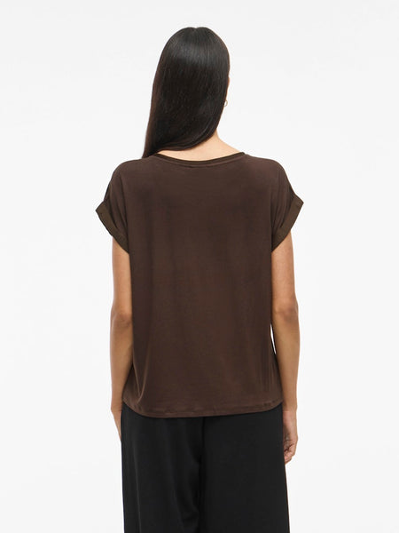 VILA Short Sleeve Satin Look Top in Brown
