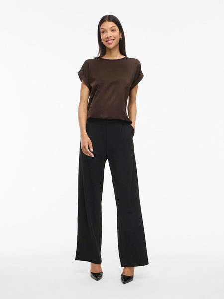 VILA Short Sleeve Satin Look Top in Brown