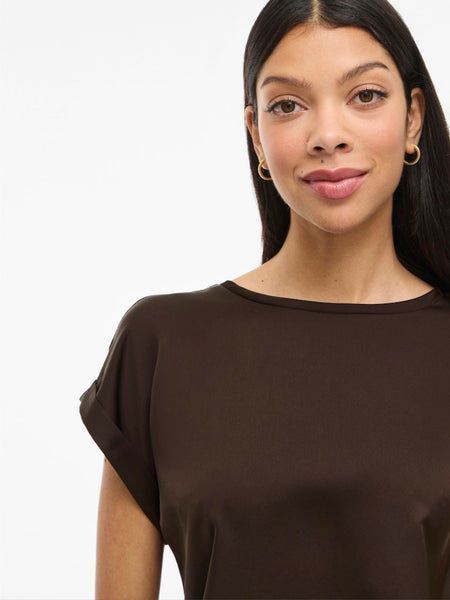 VILA Short Sleeve Satin Look Top in Brown