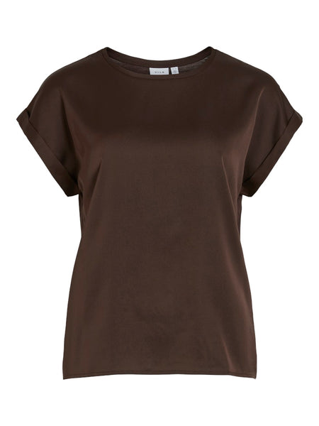 VILA Short Sleeve Satin Look Top in Brown