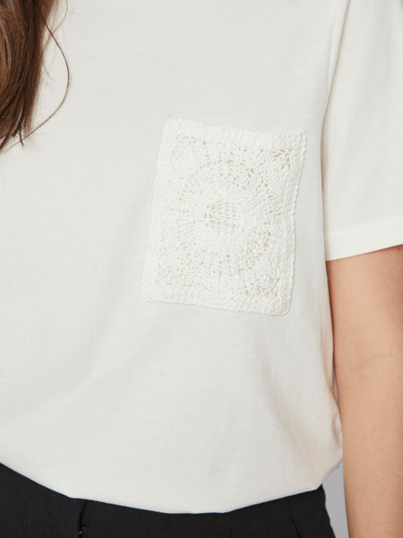 Vila Crochet Pocket T-Shirt in Cream