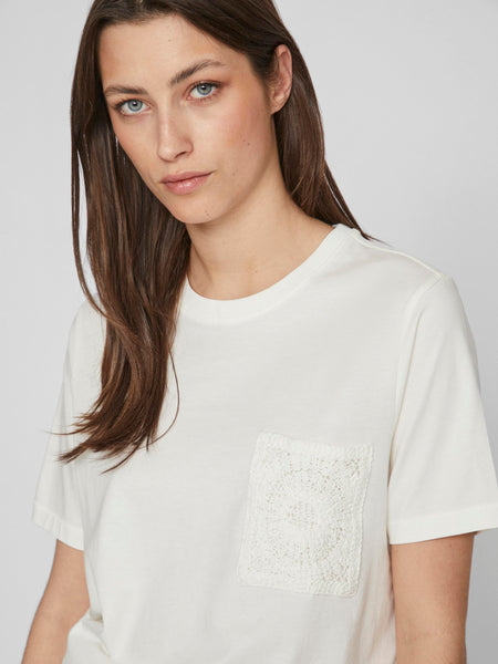 Vila Crochet Pocket T-Shirt in Cream