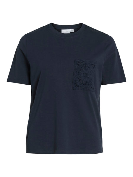 Vila Crochet Pocket T-Shirt in Navy