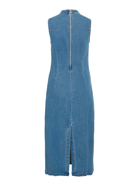 Vila Sleeveless Long Denim Dress in Medium Blue