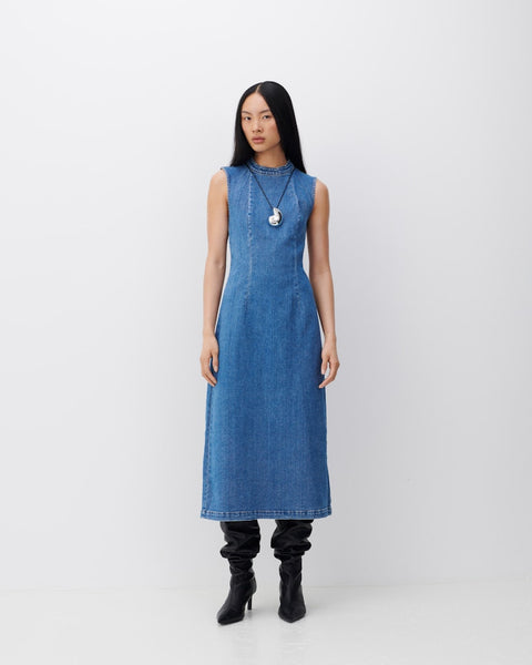 Vila Sleeveless Long Denim Dress in Medium Blue