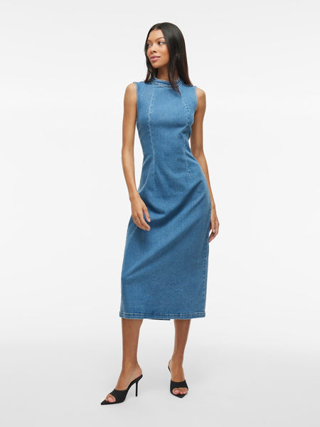 Vila Sleeveless Long Denim Dress in Medium Blue