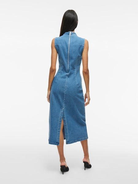 Vila Sleeveless Long Denim Dress in Medium Blue