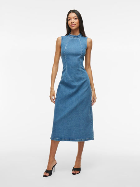 Vila Sleeveless Long Denim Dress in Medium Blue