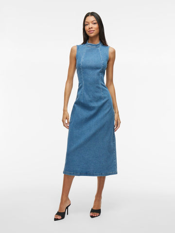 Vila Sleeveless Long Denim Dress in Medium Blue