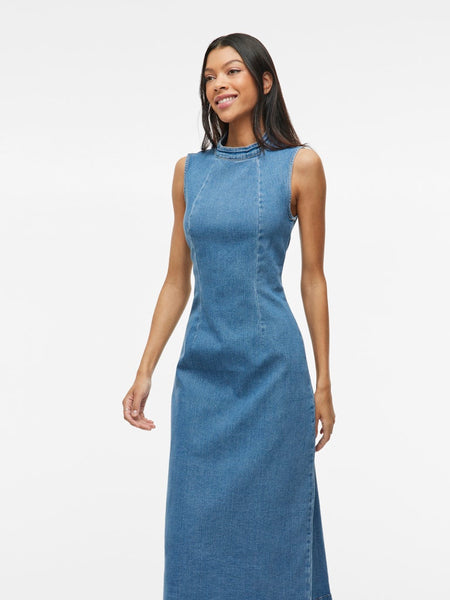 Vila Sleeveless Long Denim Dress in Medium Blue