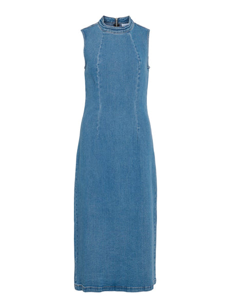 Vila Sleeveless Long Denim Dress in Medium Blue