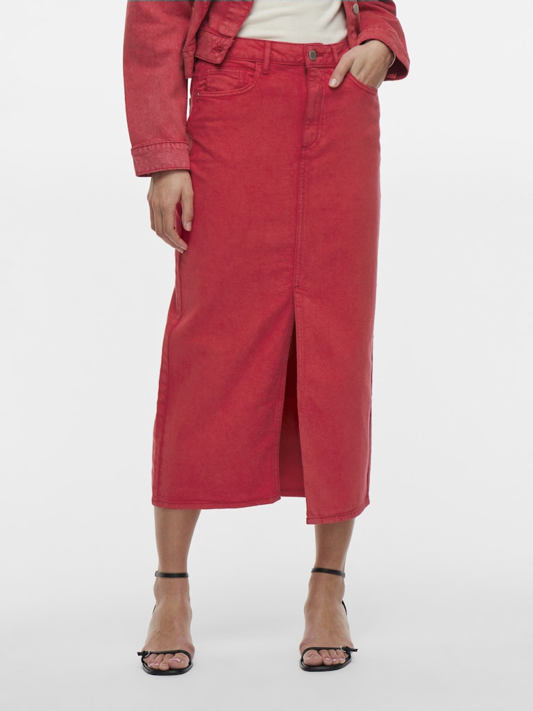 Vila Denim Midi Skirt in Red