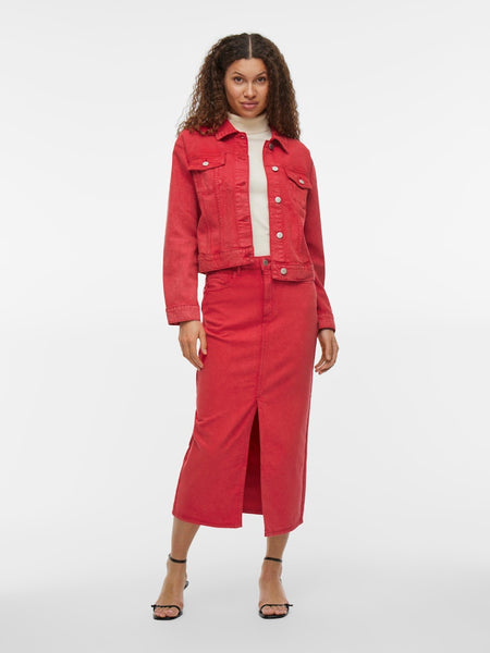 Vila Denim Midi Skirt in Red