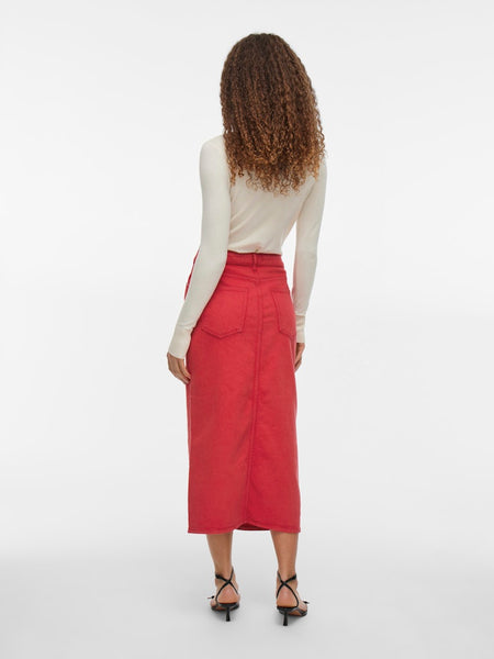 Vila Denim Midi Skirt in Red