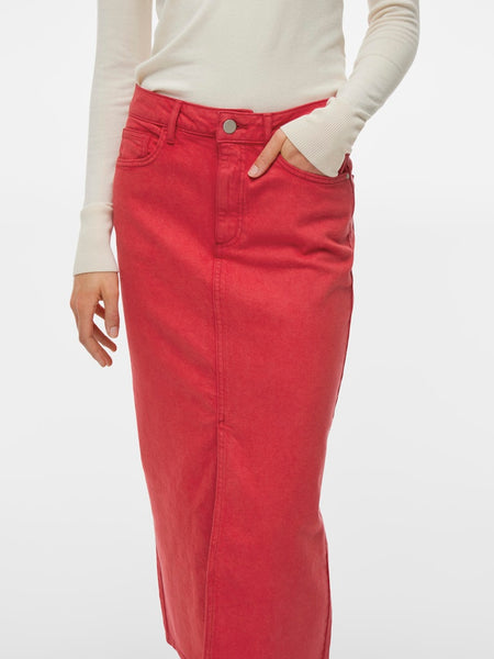 Vila Denim Midi Skirt in Red