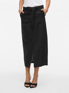 Vila Linen Blend Midi Skirt in Black