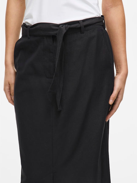 Vila Linen Blend Midi Skirt in Black