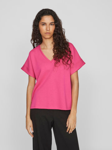Vila Short Sleeve V-Neck Top in Pink