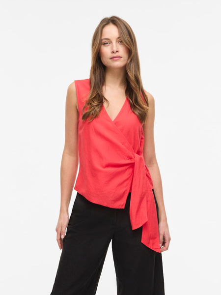 VERO MODA Linen Blend Sleeveless Knot Top in Red